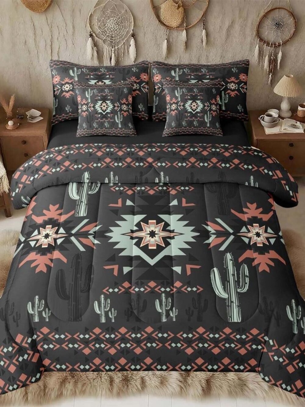 Khaki Southwestern Aztec Comforter Set with Sheets 7 Piece King Size Geometric